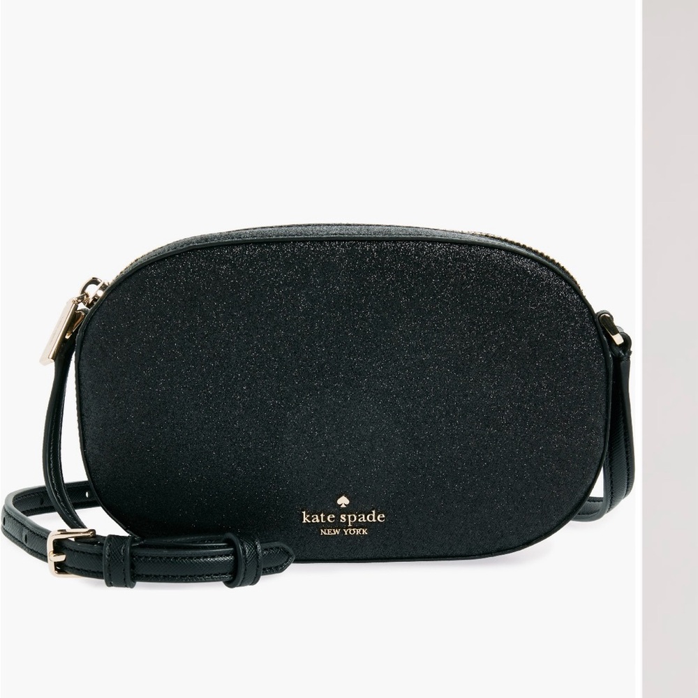 NEW Kate Spade Black Glitter oval camera bag Crossbody Bag Gold Hardware NWT